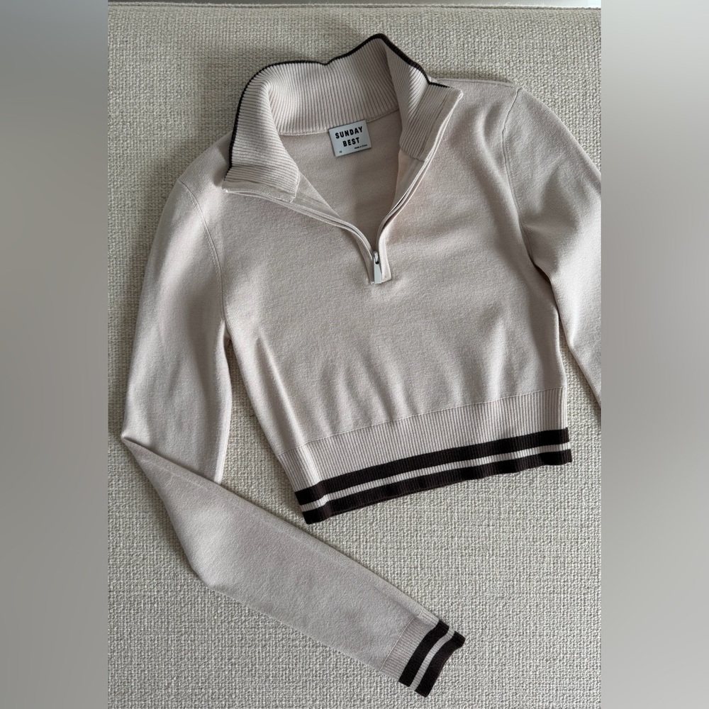 Aritzia Cropped Cream and Brown Cowl Neck Sweater